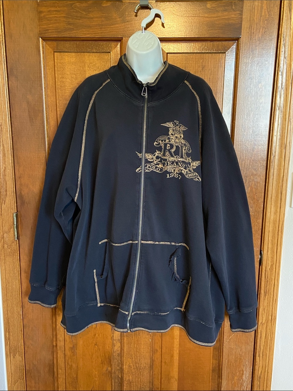 Polo Jeans Ralph Lauren Y2K full zip Heavy Raw Hem Distressed Hi Collar  3XL